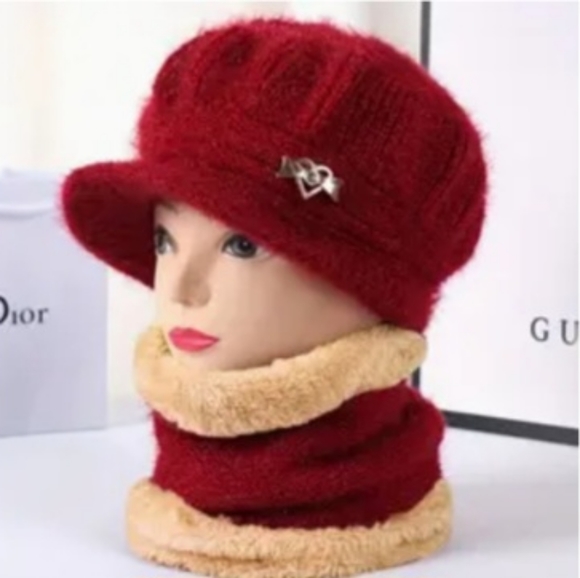 Warm 2Pc. Wool Wine Red Hat with Gold Heart Pendant with Wine Red Neck Scarf !! - Picture 11 of 11
